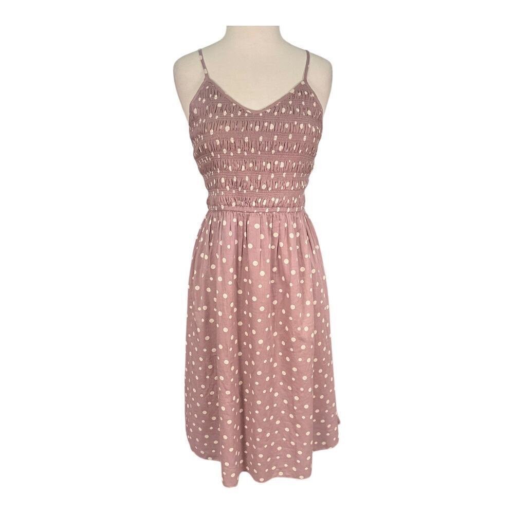 Keren Hart Mauve Polka Dot Smocked Spaghetti Strap SunDress Size Medium NWT